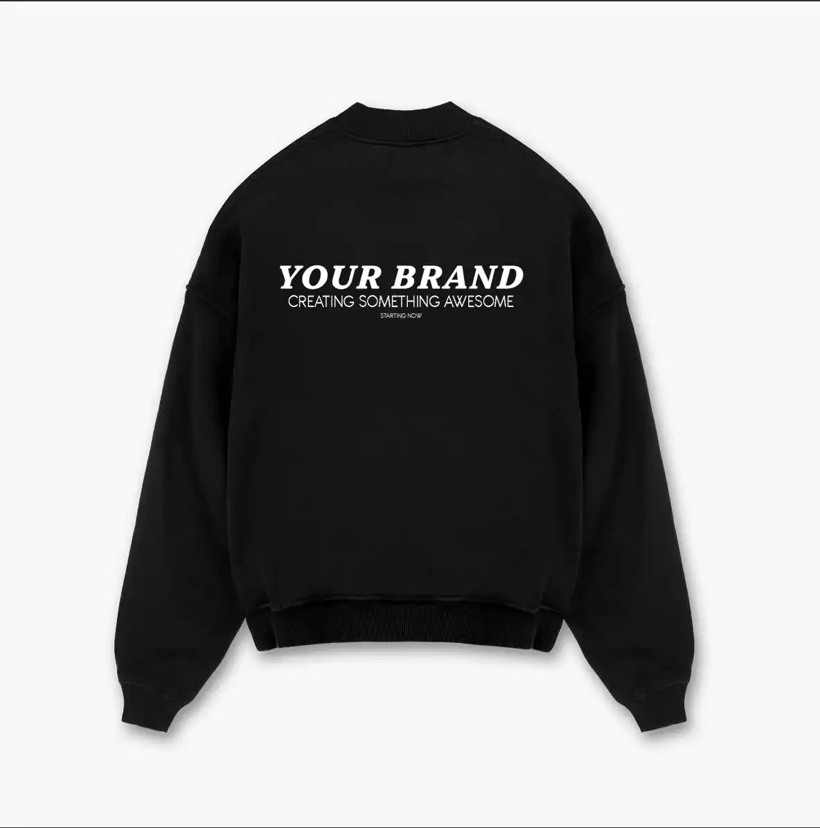Black crew neck sweatshirt with white text.