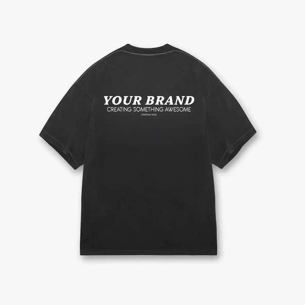 Black short-sleeved t-shirt with white text.