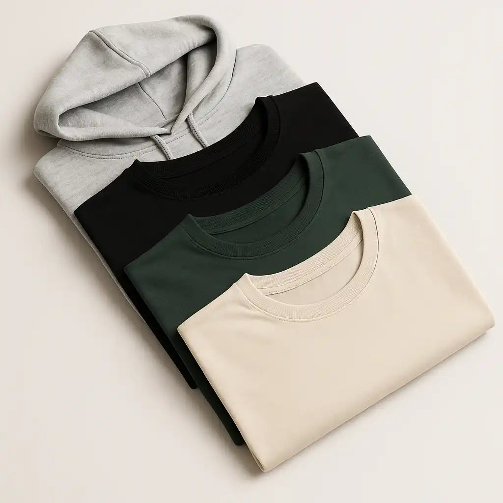 A stack of four folded long-sleeved shirts in different solid colors: light gray, black, dark green, and cream.