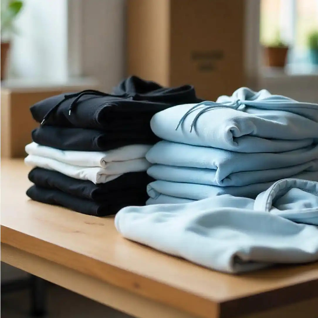 Stacks of folded black, white, and light blue hoodies.