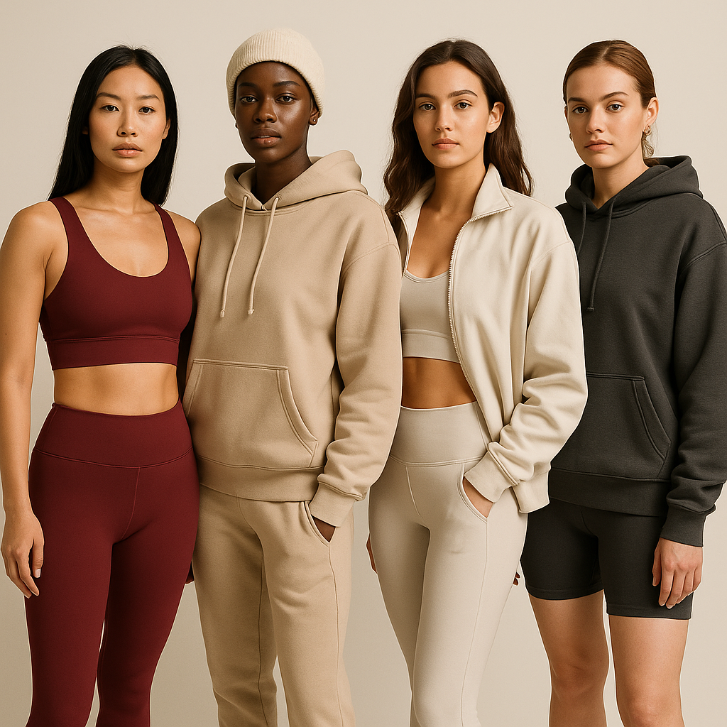 Women in premium athleisure outfits—oxblood, sandstone, and charcoal styles blending gymwear and streetwear, made in Portugal