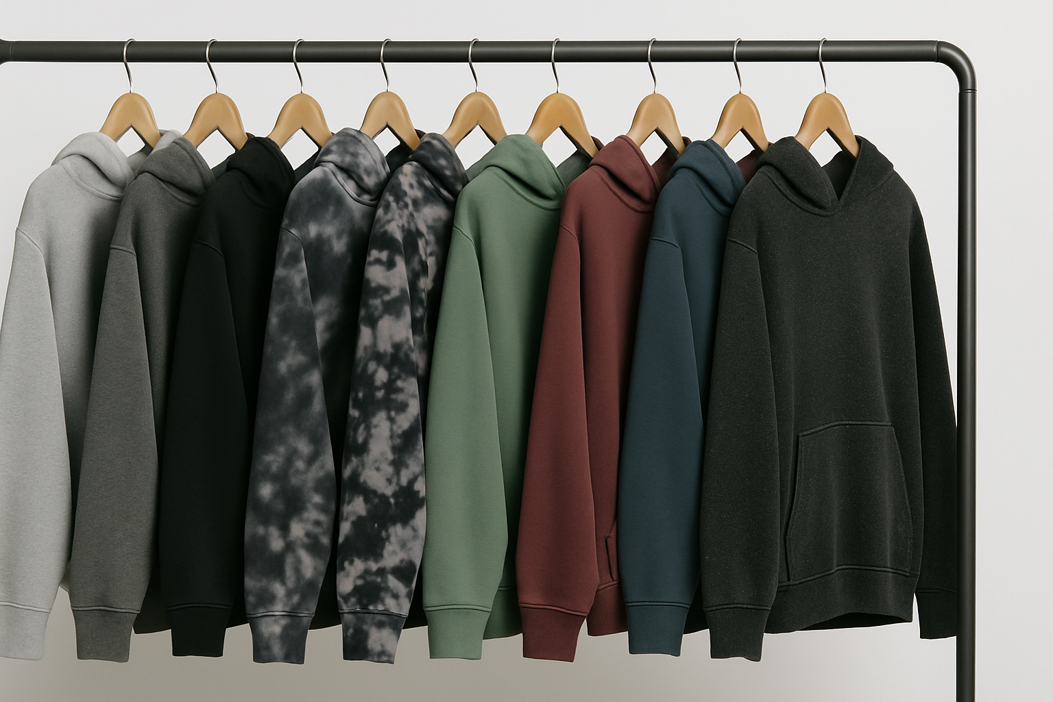 High-quality hoodie blanks in a variety of colors and dyeing techniques, perfect for streetwear and lifestyle brands. Showcasing AthleisureBasics' dyeing and finishing expertise for white label collections in 2025