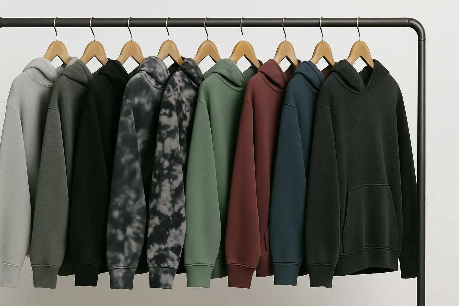 High-quality hoodie blanks in a variety of colors and dyeing techniques, perfect for streetwear and lifestyle brands. Showcasing AthleisureBasics' dyeing and finishing expertise for white label collections in 2025