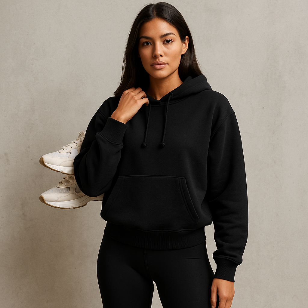 Woman wearing minimalist black athleisure hoodie and leggings, representing 2025 athleisure trends from gym to street.