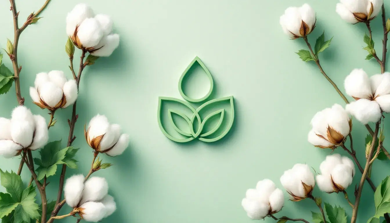 The image features an eco-friendly symbol alongside organic cotton plants, highlighting the sustainable source of soft, smooth fabric used in clothes like loungewear and pullovers. The texture of the cotton plants suggests a natural, clean material that is easy to maintain and care for.