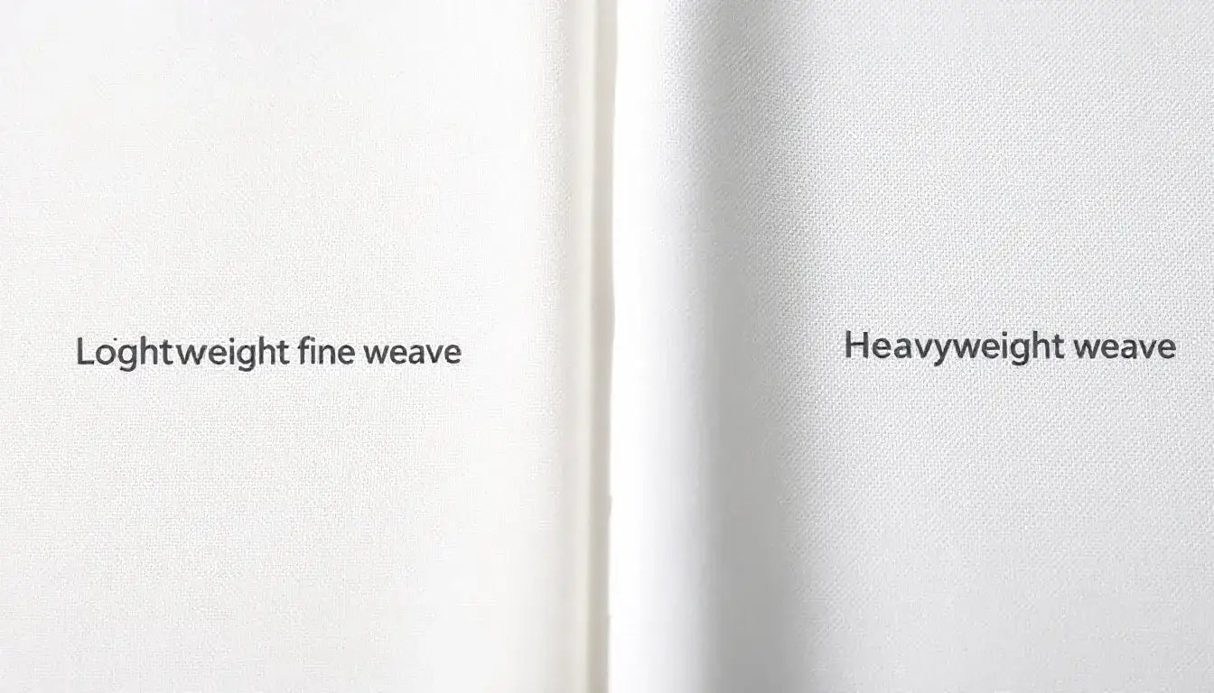 A close-up comparison of lightweight and heavyweight cotton fabrics showcases their distinct textures side by side, highlighting the difference in fabric weight and thickness. The lightweight fabric appears airy and soft, while the heavyweight fabric is thicker and more structured, demonstrating the varying qualities that can affect garment drape and durability.
