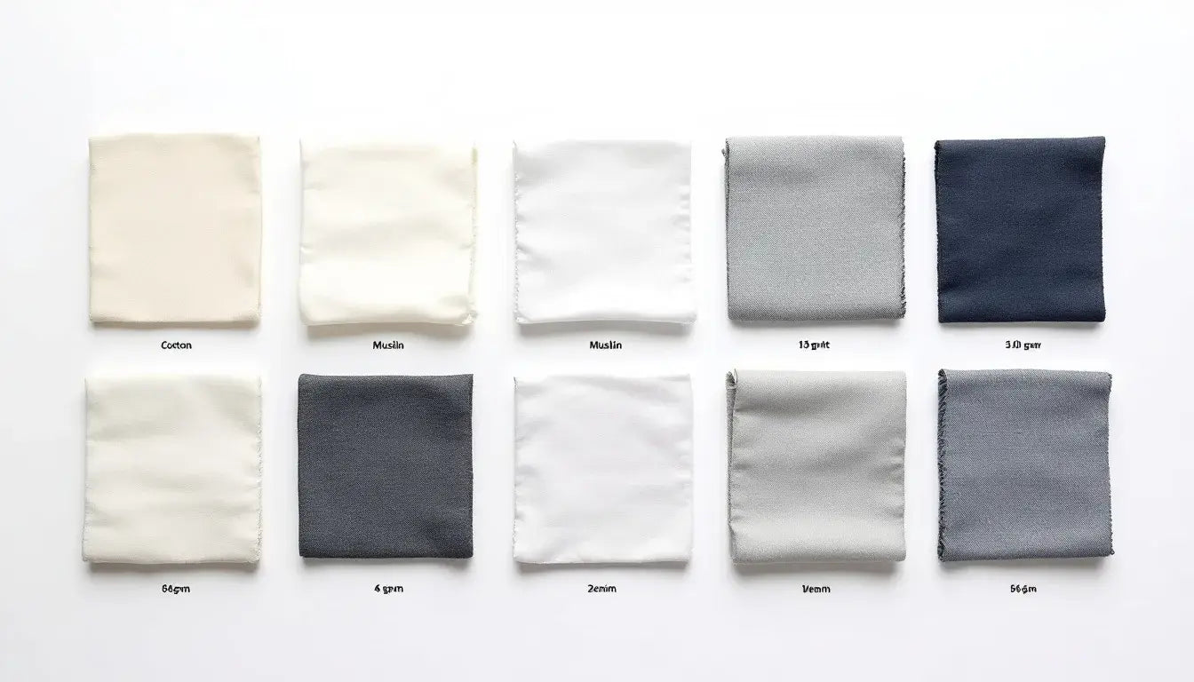 The image displays an array of cotton fabric samples of varying weights, meticulously laid out for comparison, showcasing options for clothing manufacturers to assess quality and durability. These samples represent potential materials for high-quality garments, emphasizing the importance of quality control in the fashion industry.