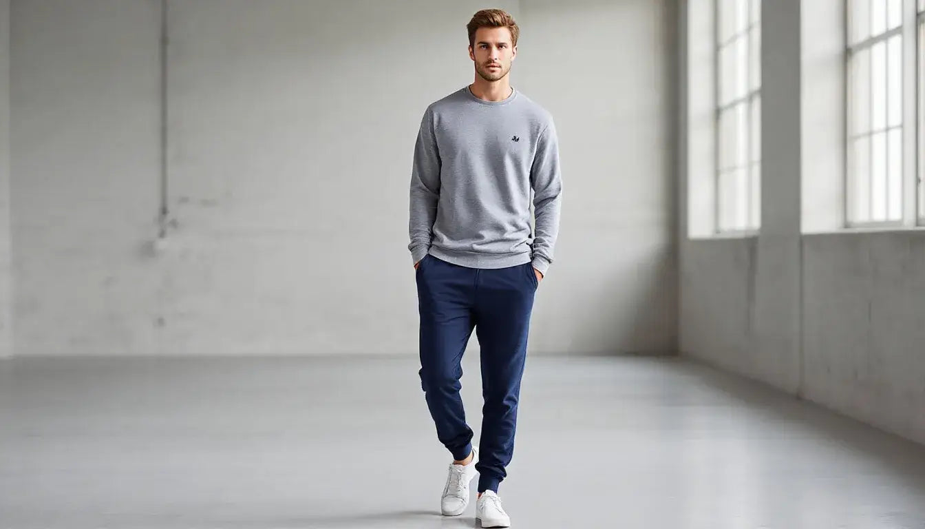 An athleisure outfit showcases comfortable French terry joggers and a matching pullover, both featuring a soft texture and smooth surface ideal for lounging or gym activities. The fabric's stretch and weight make it perfect for maintaining a casual yet stylish look.