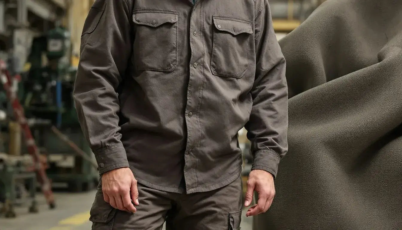 The image showcases heavy-duty workwear crafted from heavyweight cotton fabric, emphasizing its durability and thicker fabric quality. This garment is designed to withstand wear, providing comfort and protection for demanding tasks.