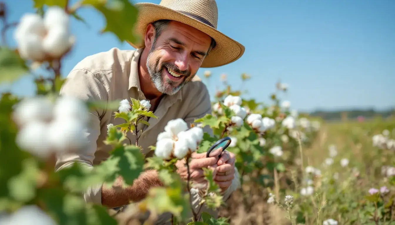 An organic cotton farmer is closely examining beneficial insects on healthy cotton plants in a diverse agricultural setting, highlighting the importance of biodiversity in organic farming practices. This scene emphasizes the sustainable approach to organic cotton production, free from synthetic pesticides and harmful chemicals.