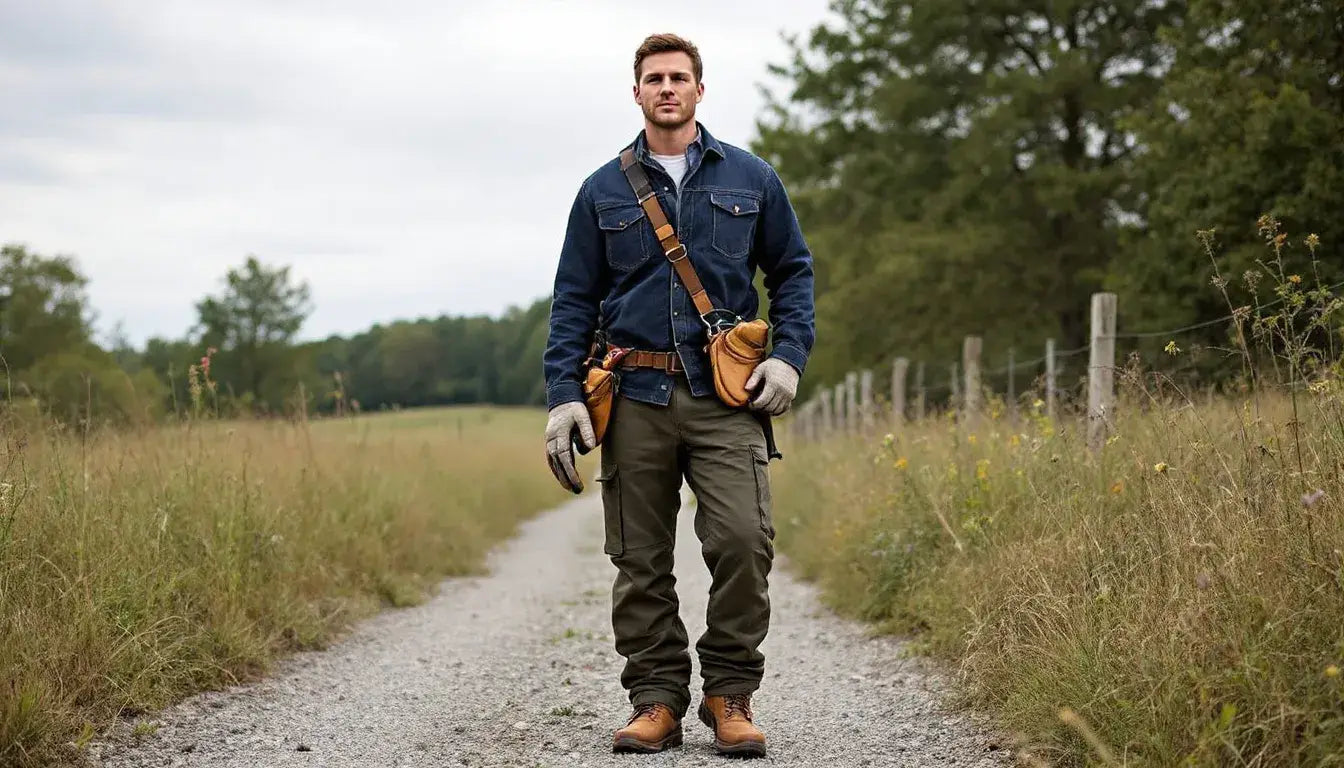 A person is dressed in heavyweight cotton work clothing, showcasing the thicker fabric's durability and quality in an outdoor setting. The garment's fabric weight provides comfort and protection, making it suitable for various tasks while withstanding wear.