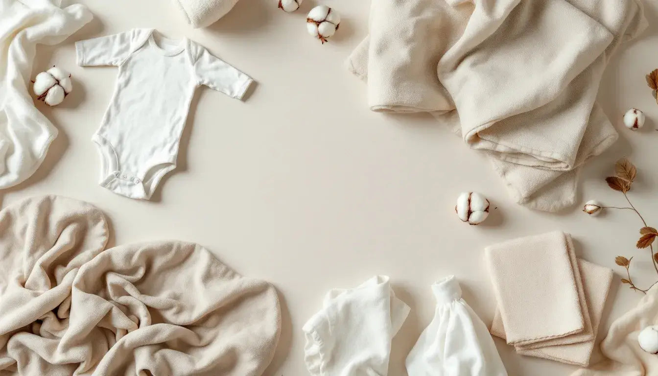 A visually appealing collection of organic cotton products, including baby clothes, bedding, and home textiles, showcases the benefits of certified organic cotton, emphasizing sustainability and the absence of toxic chemicals. The arrangement highlights the softness and quality of the fabrics, perfect for eco-conscious consumers.