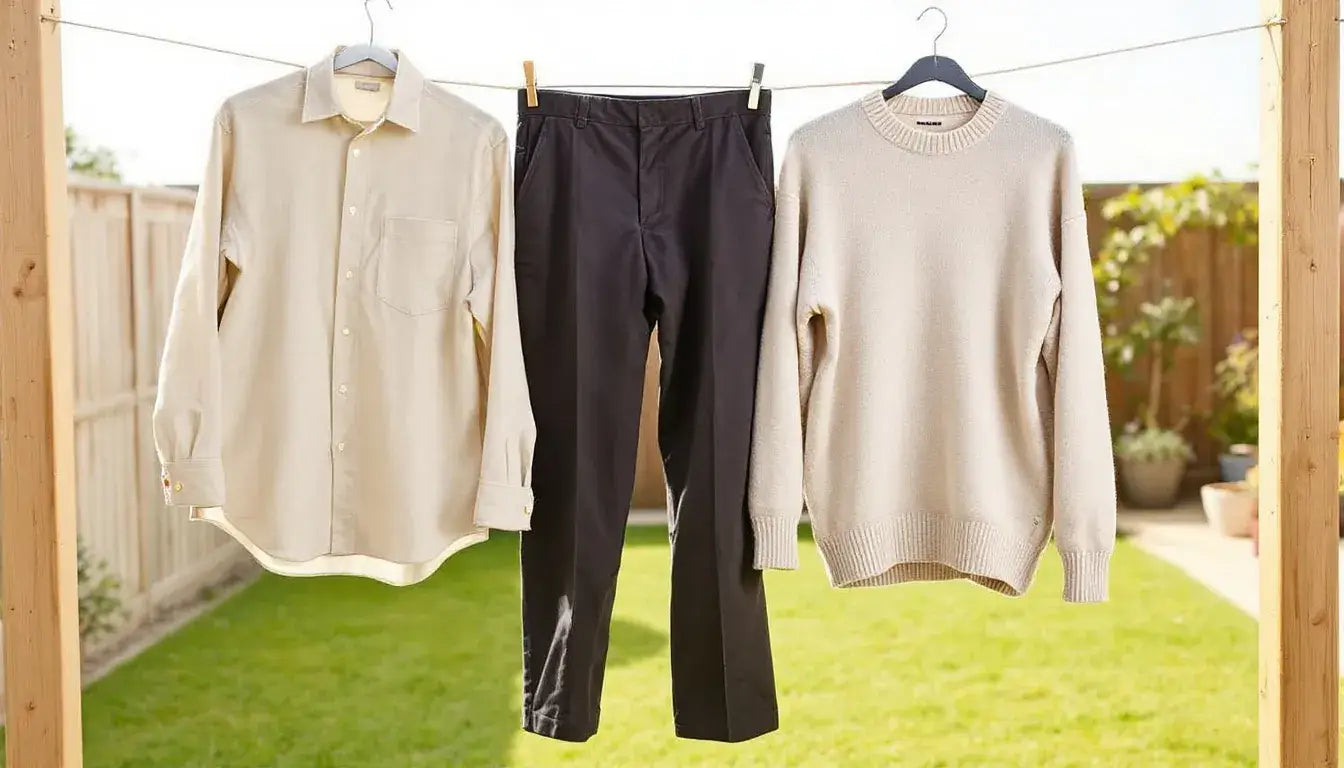 In the image, heavyweight cotton garments are hanging on a clothesline to air dry, showcasing their thicker fabric and durability. The sunlight highlights the quality of the fabric, emphasizing its ability to withstand wear while providing comfort and breathability.