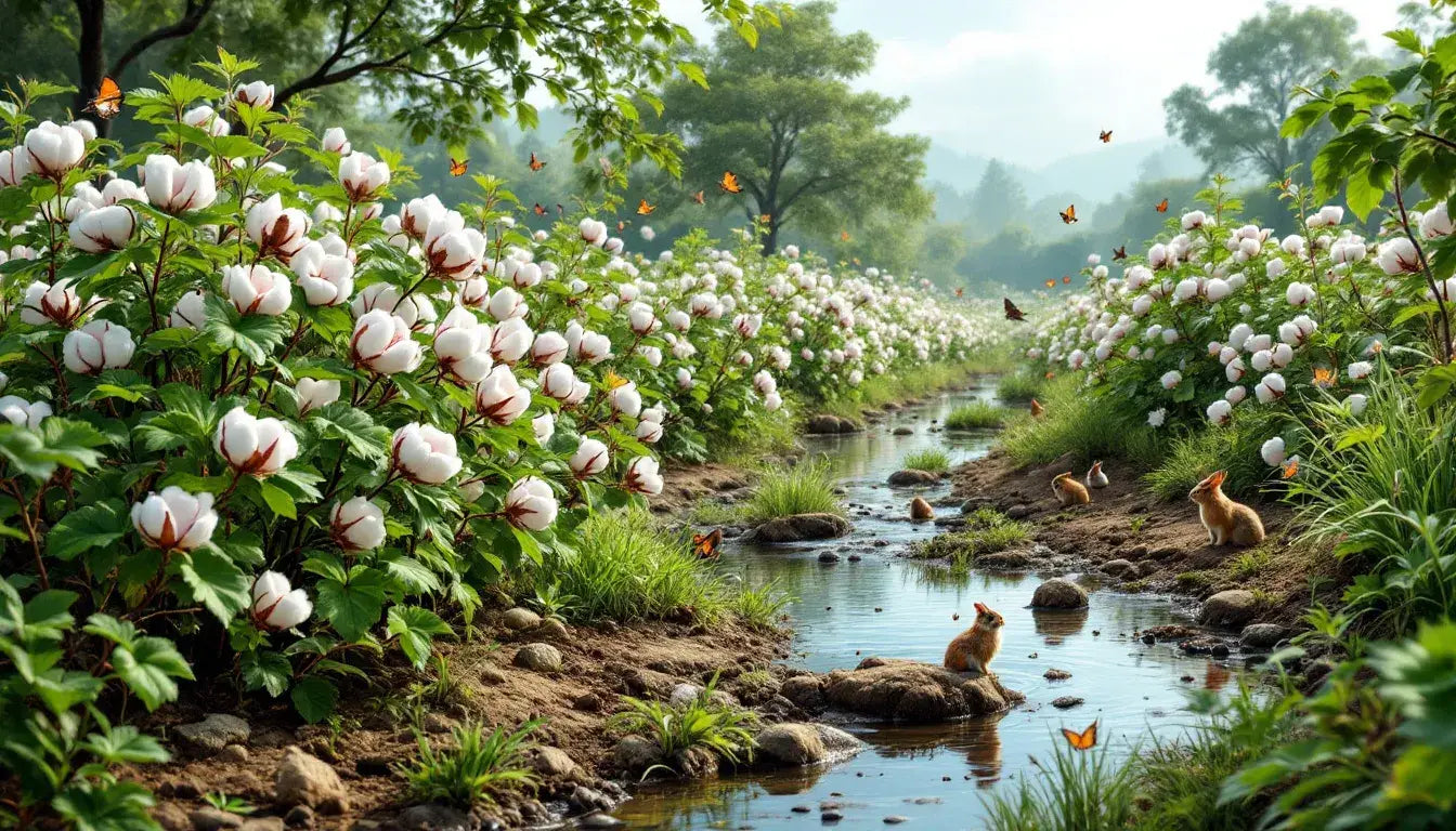 An organic cotton farm thrives within a vibrant ecosystem, showcasing diverse wildlife and clean water sources that support sustainable organic farming practices. This environment highlights the benefits of organic cotton production, promoting biodiversity and the health of the planet.