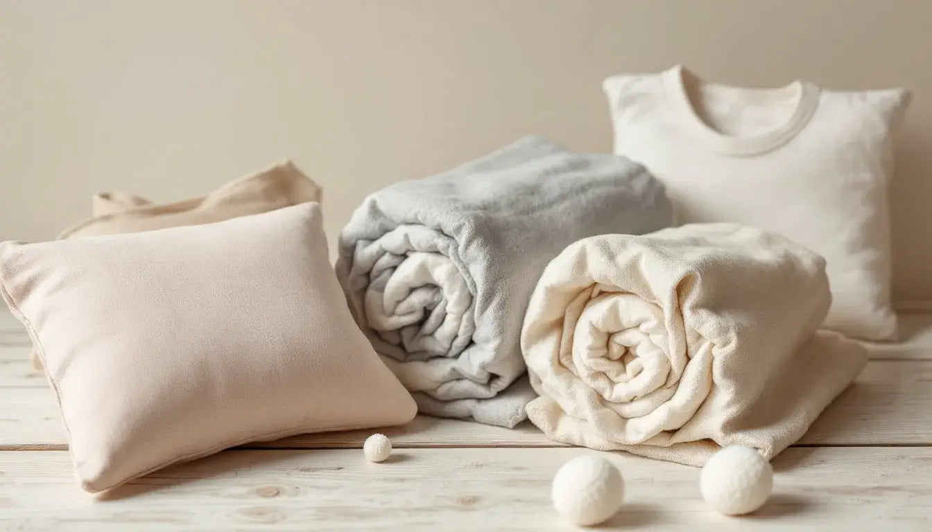 The image features soft organic cotton baby clothes and bedding in soothing natural colors, highlighting their gentle texture and breathable fabric. These items, made from certified organic cotton, promote sustainability and are free from harmful chemicals, making them perfect for delicate skin.