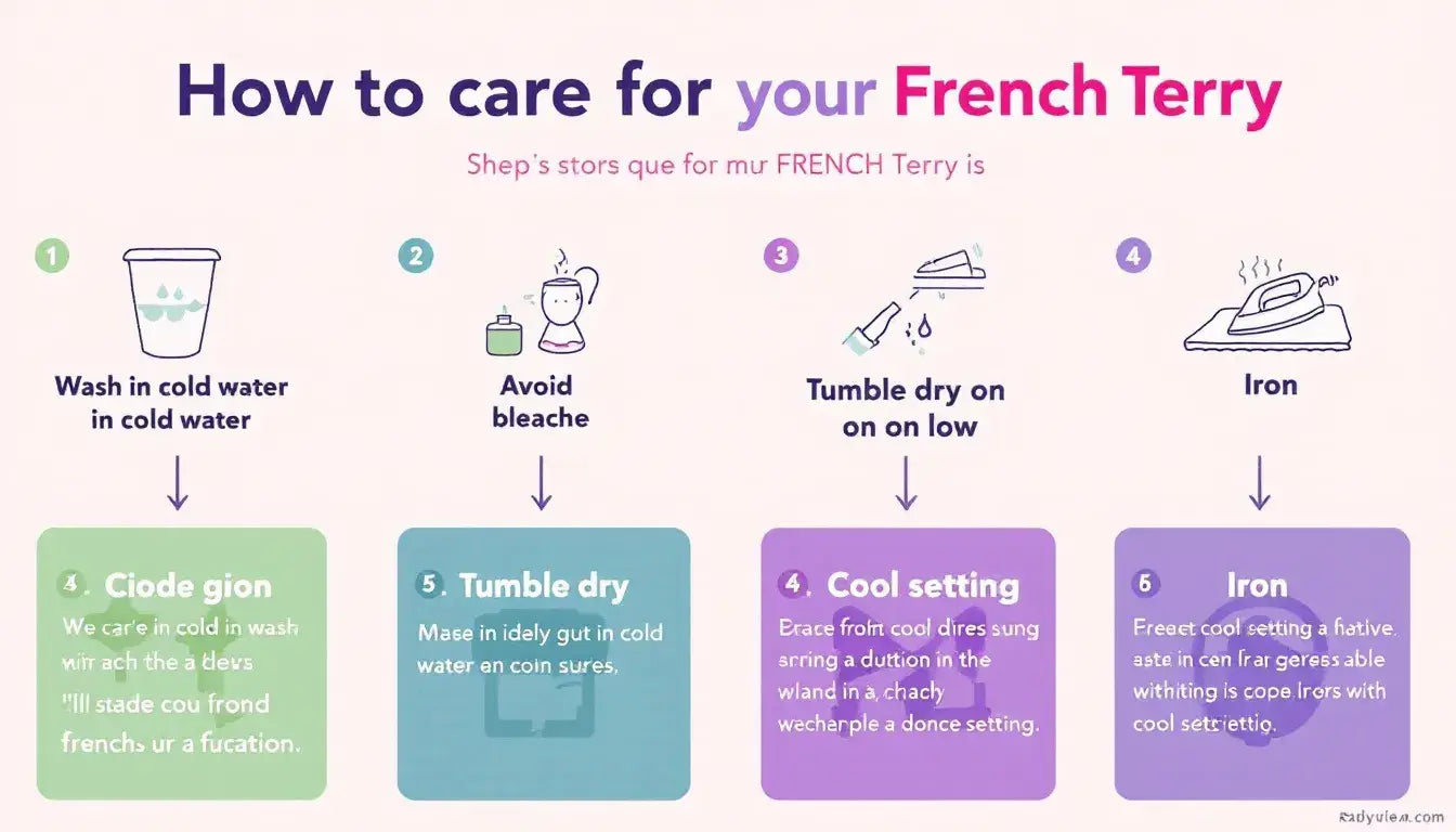 In the image, a person is demonstrating how to care for French terry fabric, showcasing its smooth surface and soft texture. They are holding a piece of French terry clothing, emphasizing the importance of proper washing and maintenance to keep the fabric in good condition for loungewear and gym clothes.