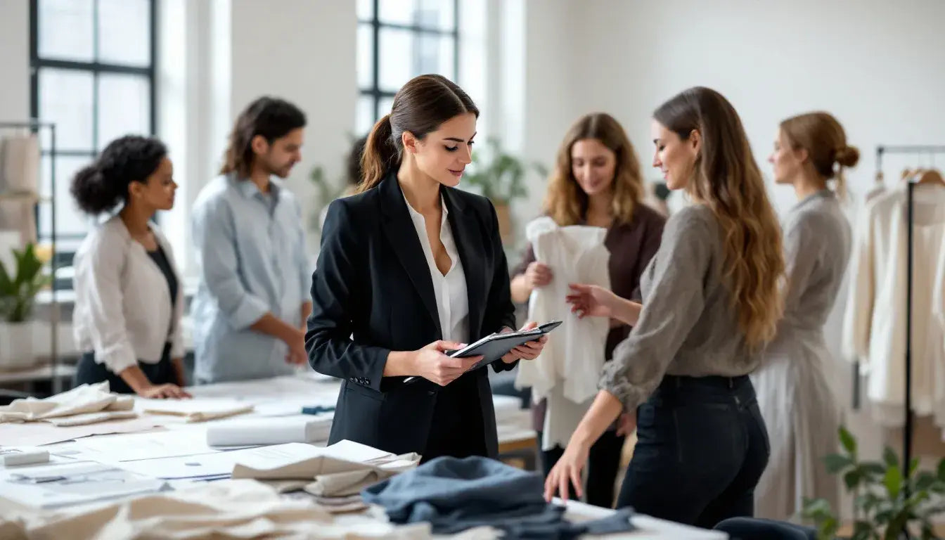 In the image, a designer is attentively reviewing clothing prototypes alongside members of the manufacturing team, discussing details of the production process for their new clothing line. The collaborative atmosphere highlights the importance of teamwork in the fashion industry, particularly in the development of quality clothing and unique designs.