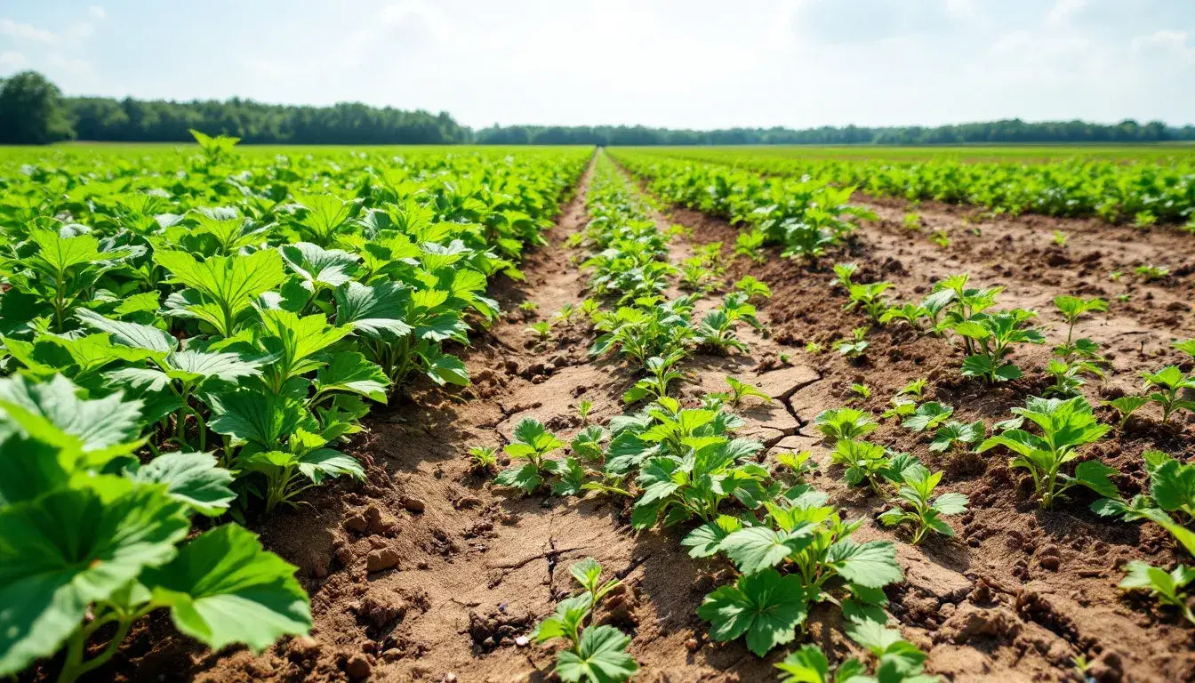 In this image, a vibrant organic cotton field filled with lush green plants contrasts sharply with a conventional cotton field exhibiting signs of soil degradation, highlighting the differences in farming practices. The organic cotton production emphasizes sustainability and environmental health, while the conventional field reflects the impact of synthetic pesticides and fertilizers on the land.
