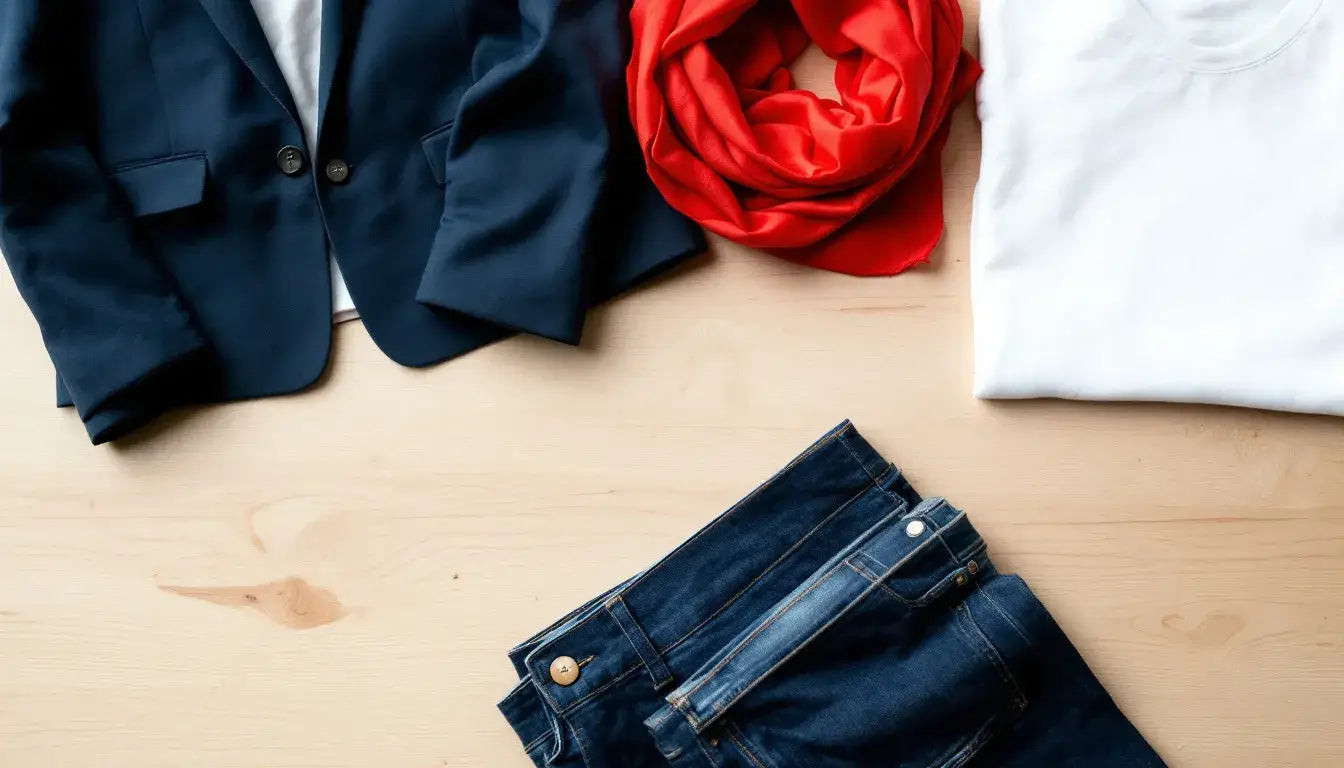 The image shows a design table covered with various clothing samples and fabric swatches, showcasing a range of colors and textures that are essential for clothing manufacturers in the fashion industry. This collection highlights the fabric selection process crucial for creating a unique clothing line.