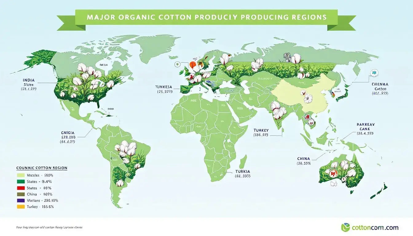 The image depicts a world map highlighting major organic cotton producing regions, featuring cotton plants alongside production statistics. It illustrates the global significance of certified organic cotton and its benefits over conventional cotton production, emphasizing sustainable farming practices and the importance of clean water and biodiversity.