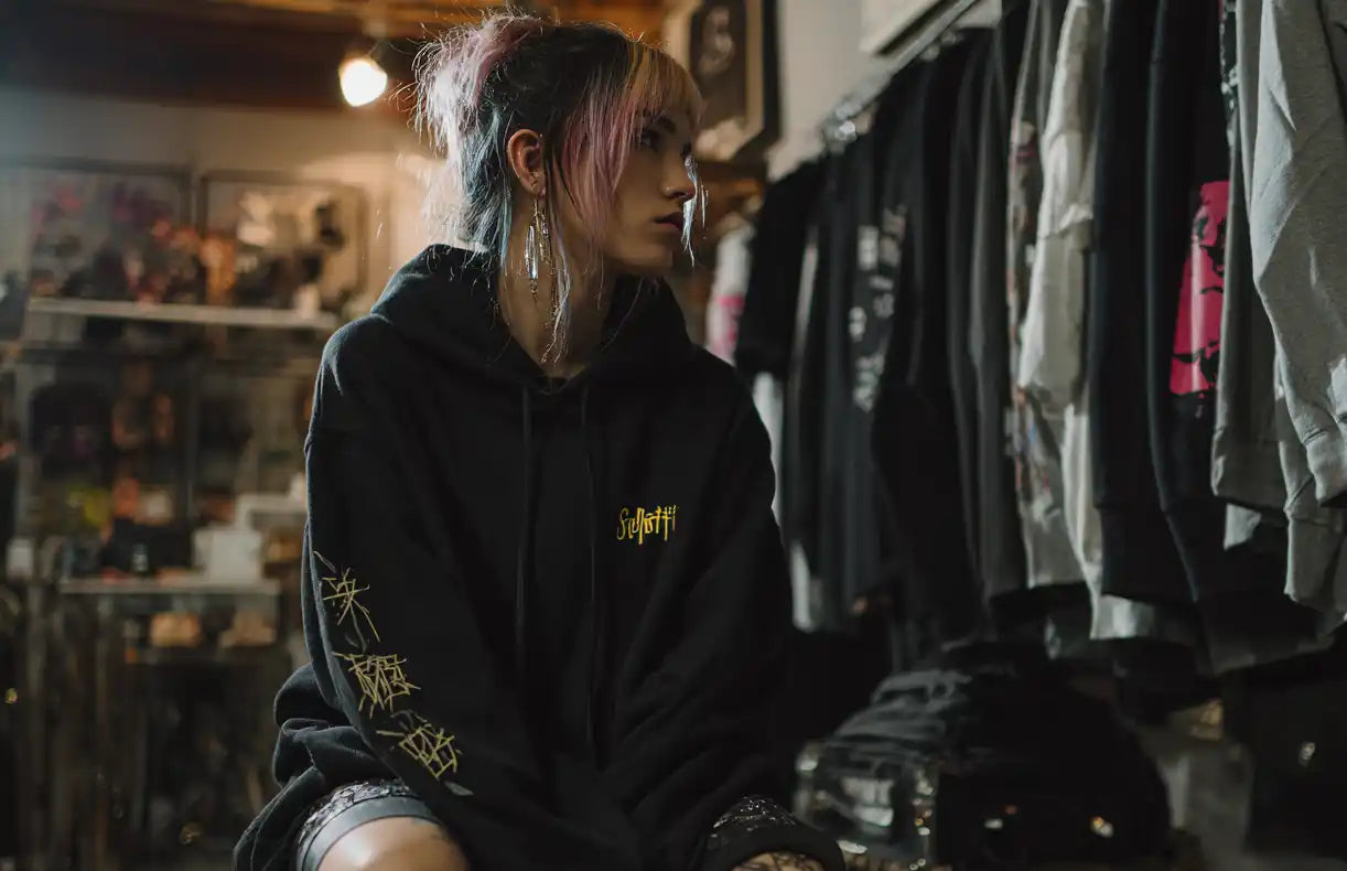 A black hoodie with yellow graphics on the front and sleeve.