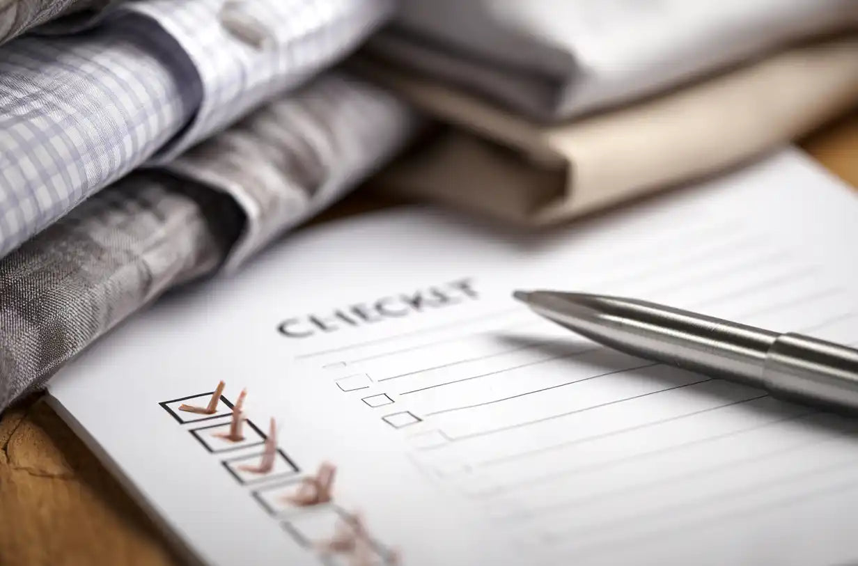 A checklist with several items already marked off and a pen resting on it.