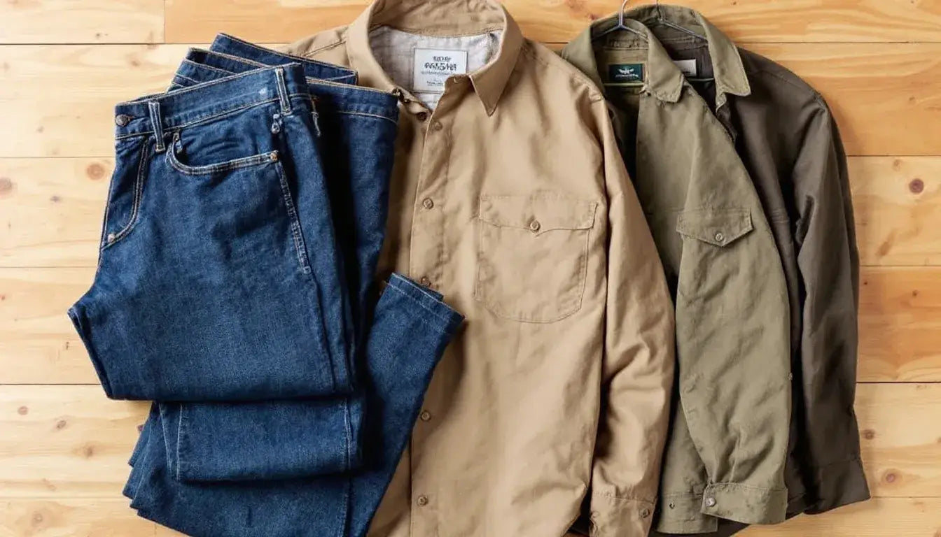 The image features a collection of heavyweight cotton garments, including durable jeans, sturdy work shirts, and robust canvas jackets, showcasing the thicker fabric that provides warmth and withstands wear. Each piece exemplifies high-quality fabrics with a higher gsm, making them ideal for various weather conditions and ensuring a comfortable fit.