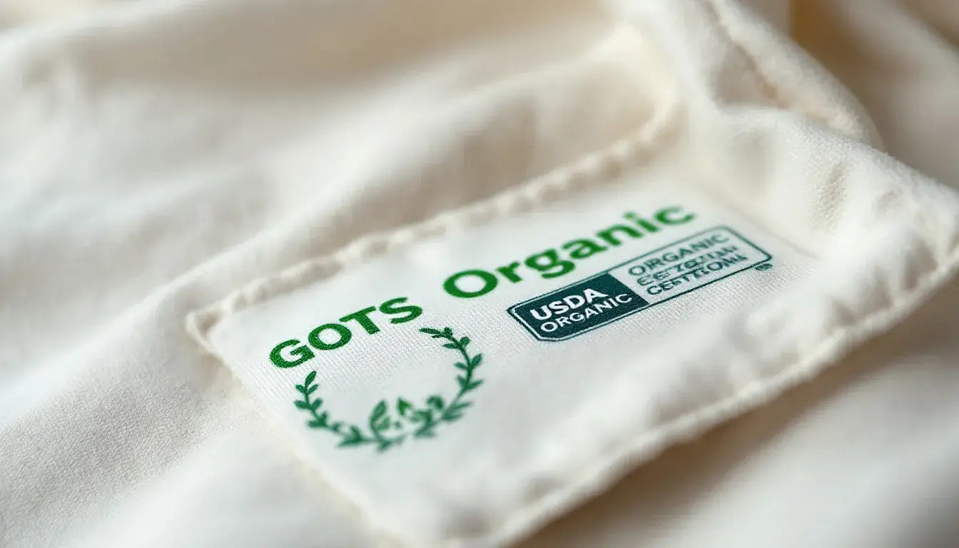 A close-up view of authentic organic cotton certification labels displaying the GOTS and USDA Organic symbols, indicating the commitment to sustainable practices in organic cotton production. These labels highlight the benefits of certified organic cotton clothing, ensuring consumers that the fabric is free from synthetic pesticides and harmful chemicals.