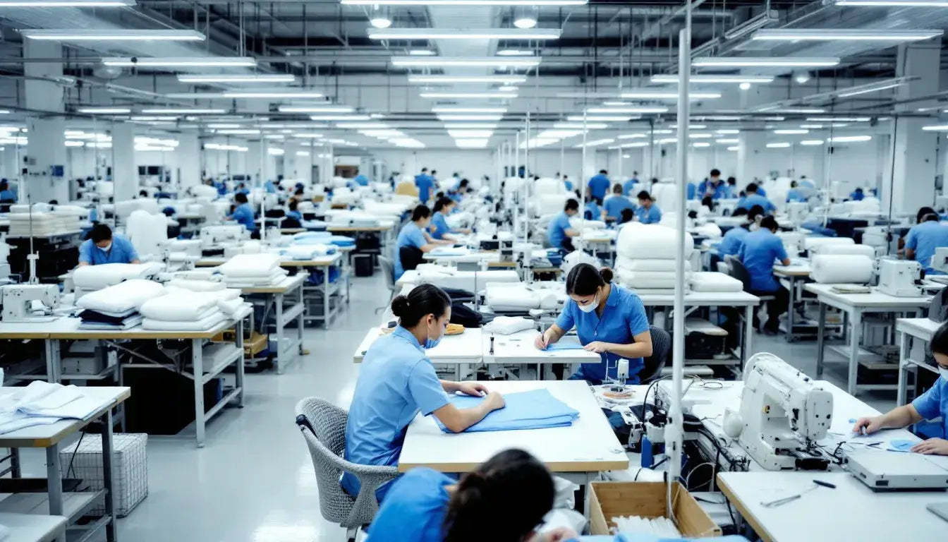 In the image, various clothing manufacturing equipment is seen alongside workers diligently engaged in the production process within a modern garment factory, highlighting the collaboration essential in the fashion industry. The scene reflects the intricate journey of a clothing manufacturer, showcasing the tools and teamwork involved in creating quality clothing for leading brands.