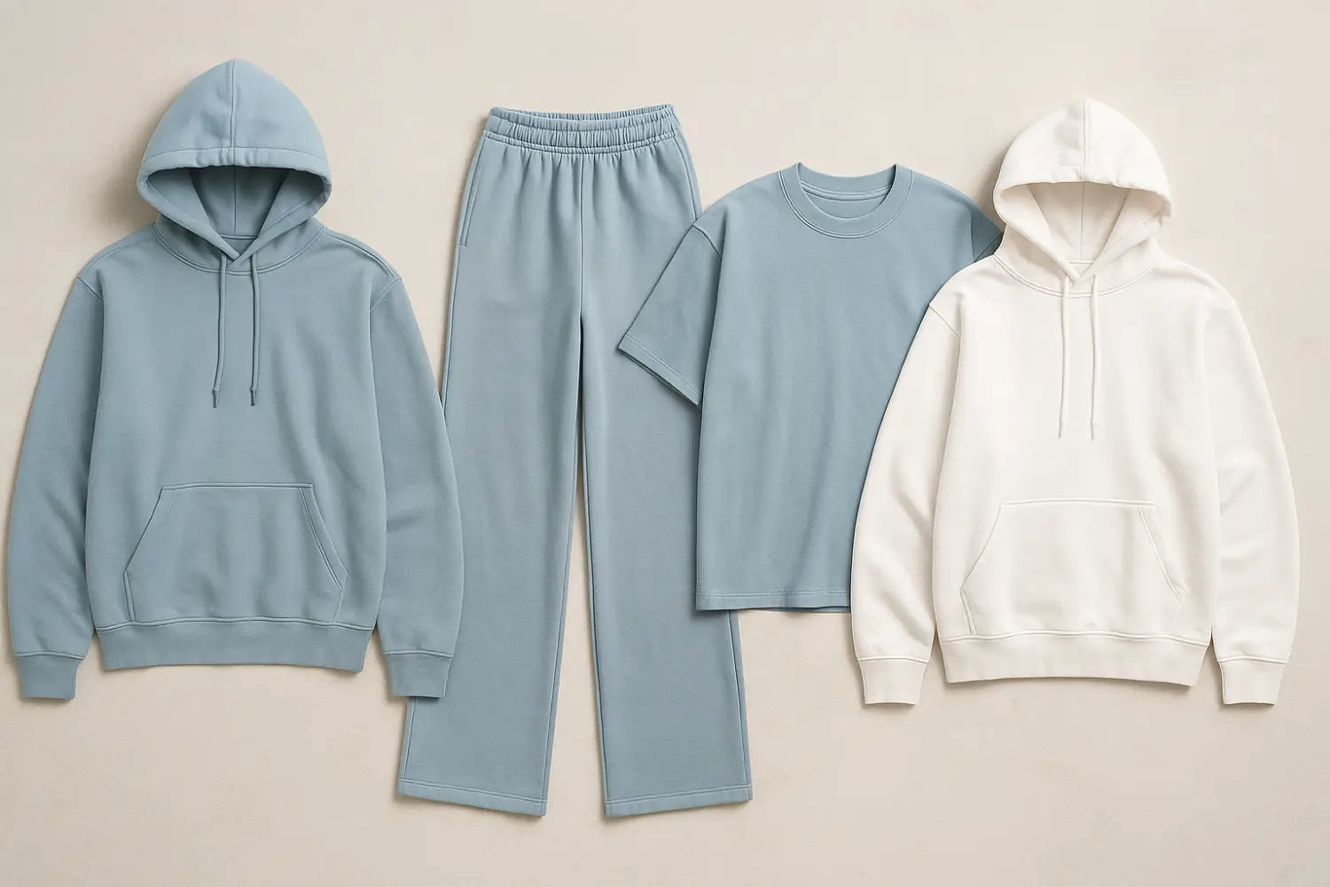 Portugal-made luxury heavyweight hoodie in ice blue with double-layer hood and rib cuffs