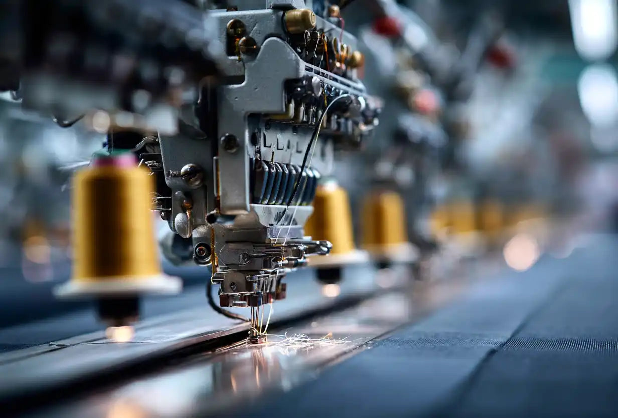 Industrial embroidery machine with multiple thread spools.