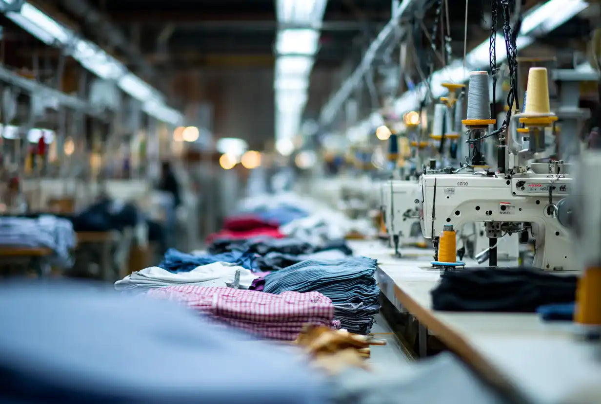 A long table in a clothing factory with stacks of colorful fabrics and a row of industrial sewing machines.