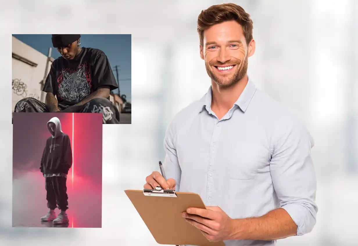A smiling man holding a clipboard and pen, with two images of people in streetwear style clothing on the left.