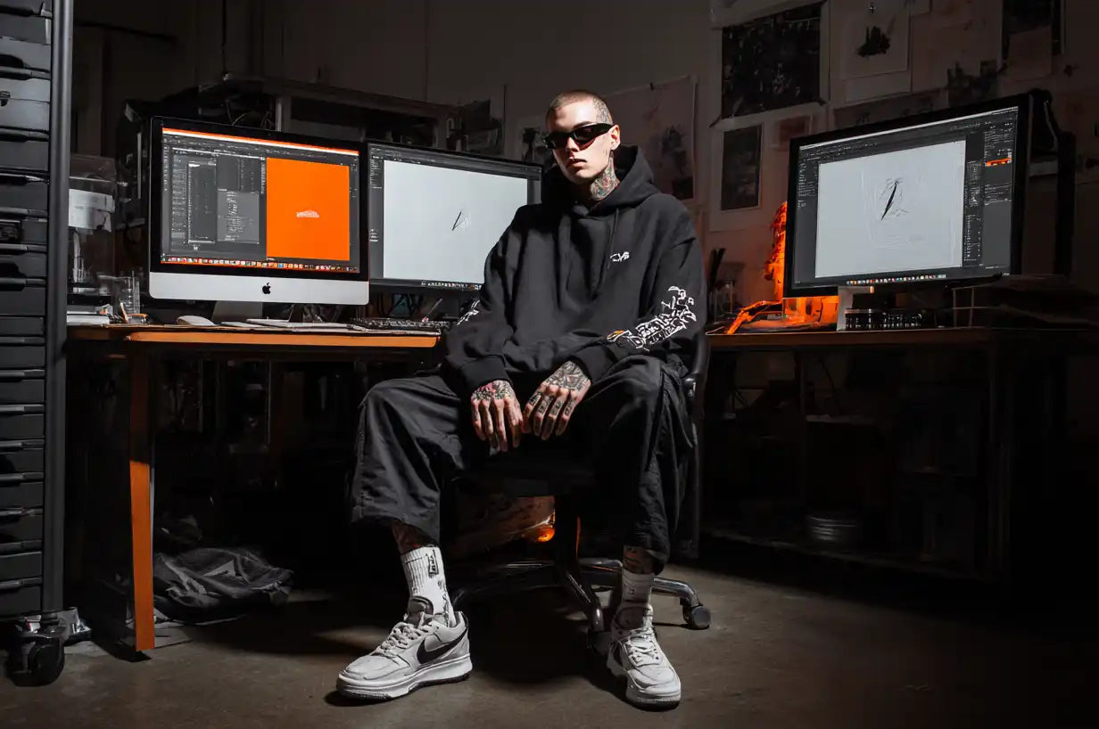 A person with extensive tattoos wearing a black hoodie, black pants, and sunglasses, sitting in a chair in front of multiple computer monitors.