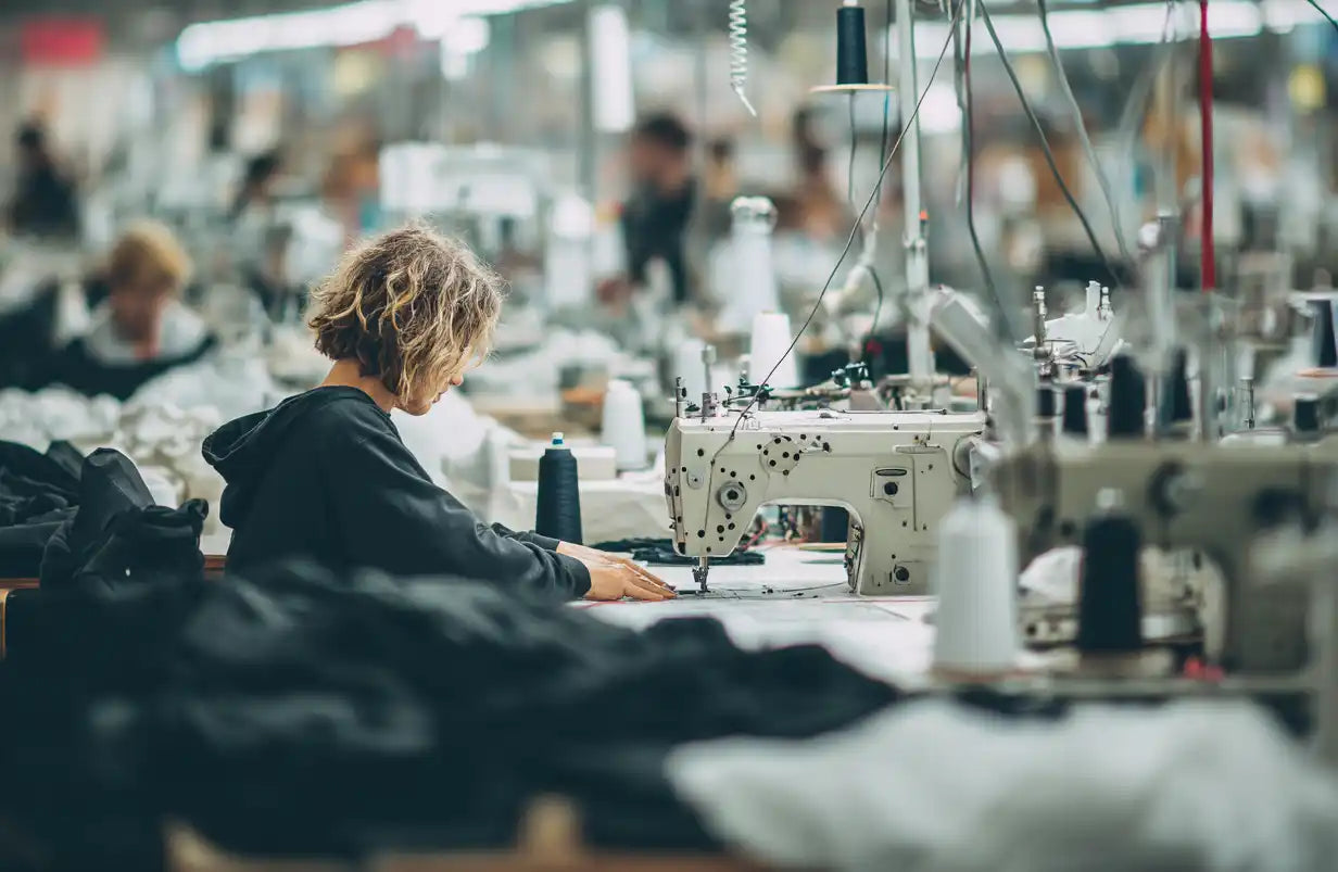 A person operating an industrial sewing machine.