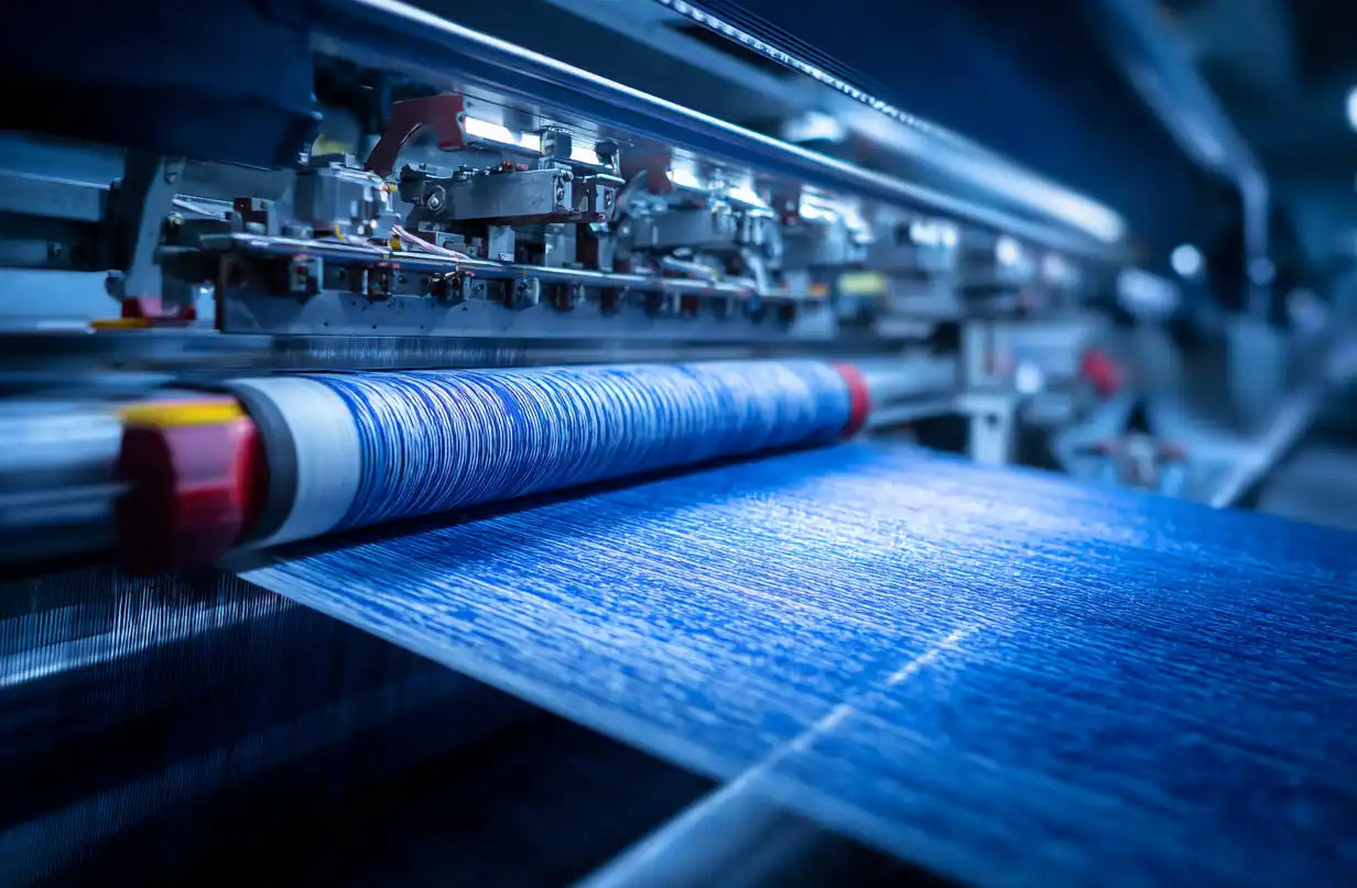 A textile machine weaving blue fabric.