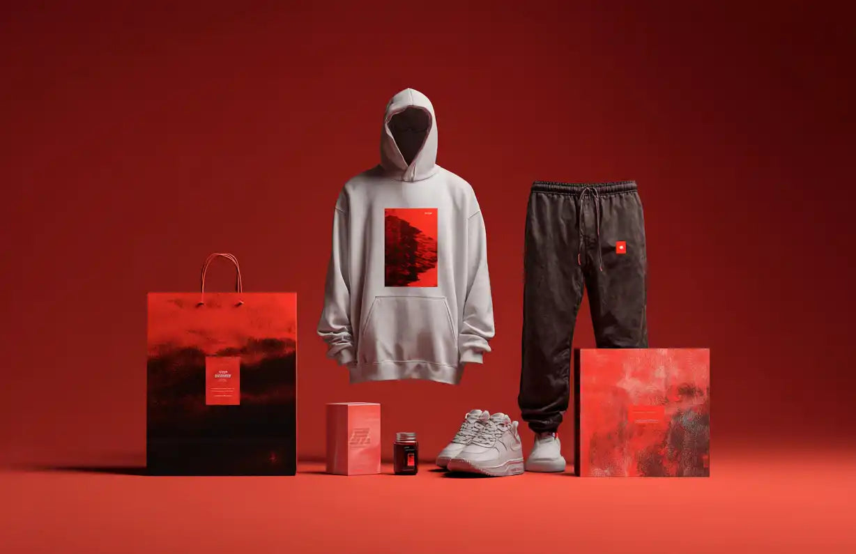 A white hoodie with a red and black graphic print.